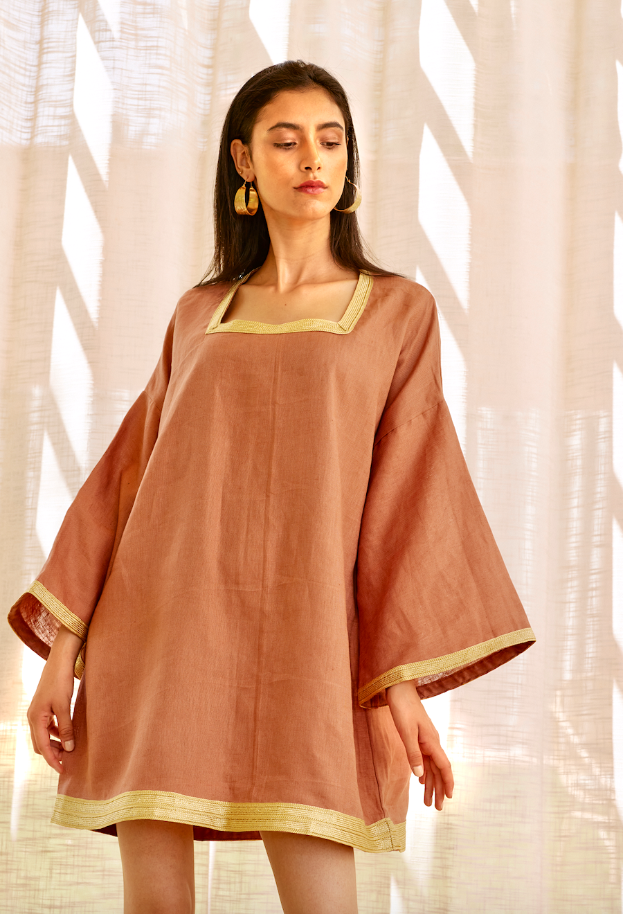Cleopatra Terracotta Gold Short Linen Dress THIAB